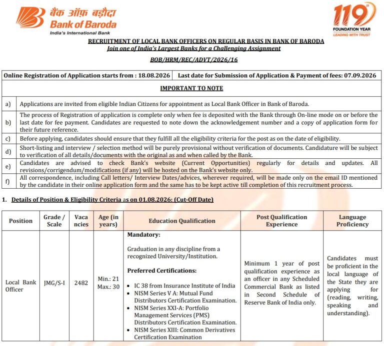 Bank of Baroda LBO Recruitment 2026