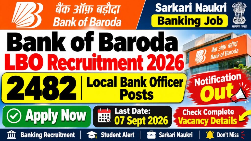 Bank of Baroda LBO Recruitment 2026 poster with Apply Online button, 2482 Local Bank Officer posts, last date 07 September 2026, Bank of Baroda building image
