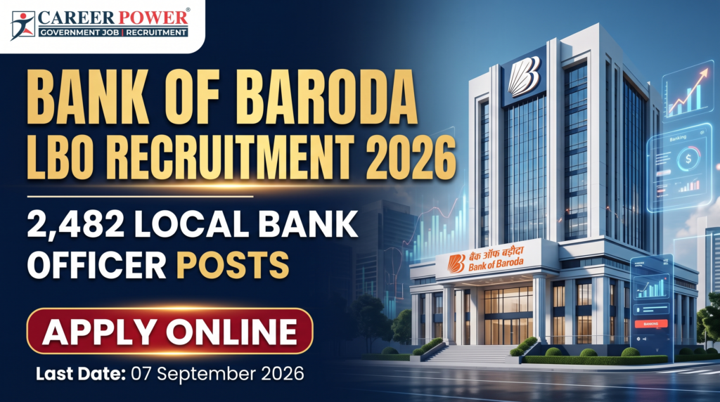 Bank of Baroda LBO Recruitment 2026 banner showing Local Bank Officer 2482 posts notification with banking dashboard background